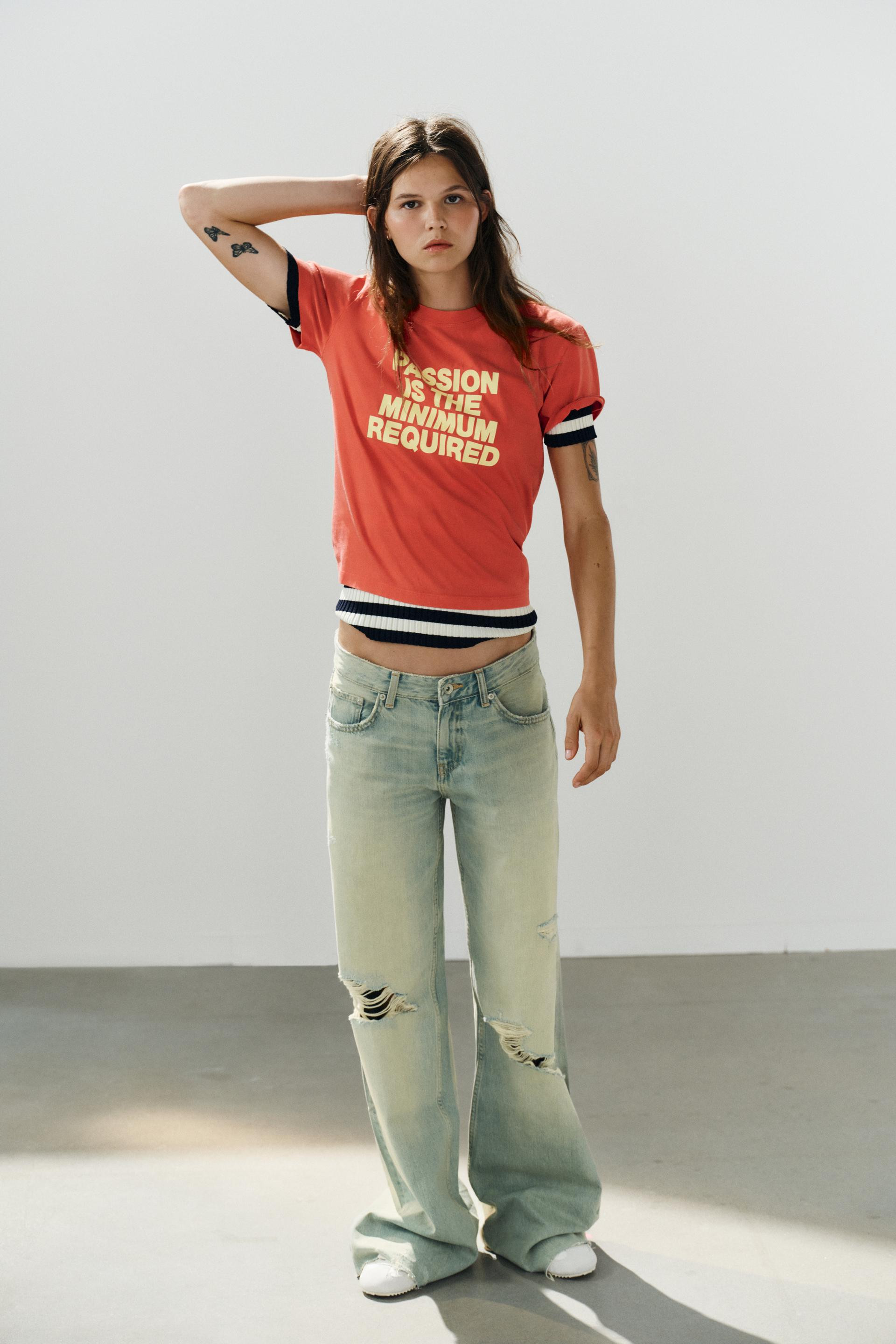 Zara - Washed Effect Text T-Shirt - Red - L - Woman | Zara US