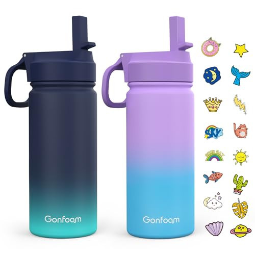 Kids Water Bottle, 2-Pack 16oz Water Bottles with Stickers and Straw, Stainless Steel Vacuum Insulated cup, Kids Water Bottle for School, Gifts for Boys and Girls(Blue/Purple) | Amazon (US)