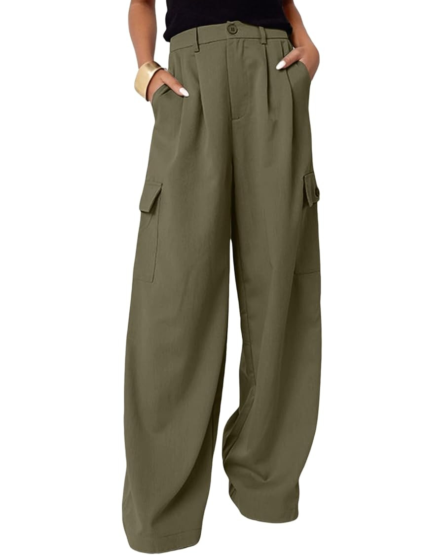 Dokotoo Womens High Waisted Wide Leg Cargo Pants Baggy Casual Work Pants with 4 Pockets | Amazon (US)