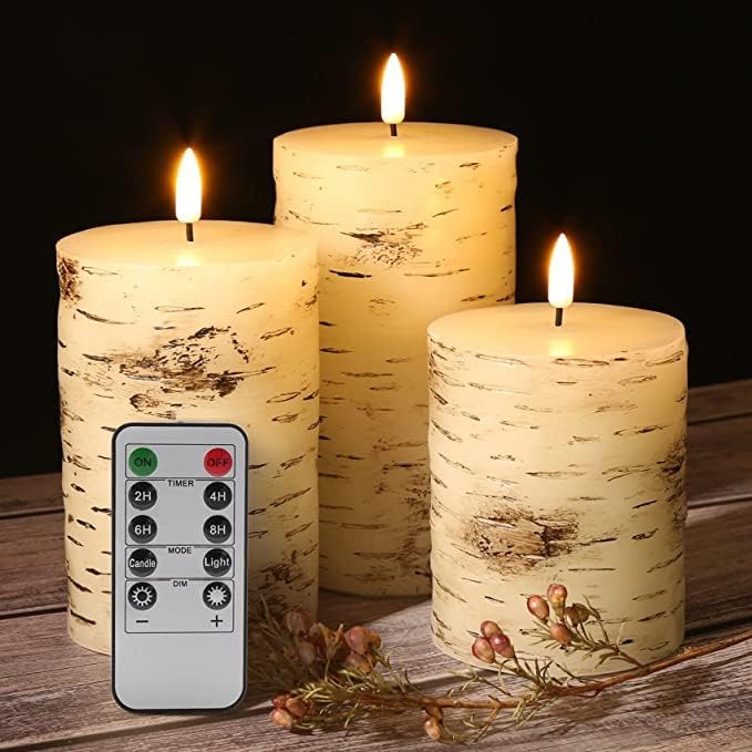 Eywamage Birch Bark Flameless Pillar Candles with Remote, Flickering Rustic Battery LED Wood Cand... | Amazon (US)