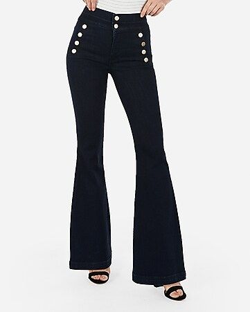 super high waisted denim perfect button front bell flare jeans | Express