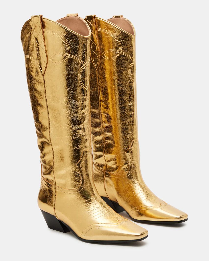 DOLLIE Gold Leather Western Boot | Women's Boots | Steve Madden (US)