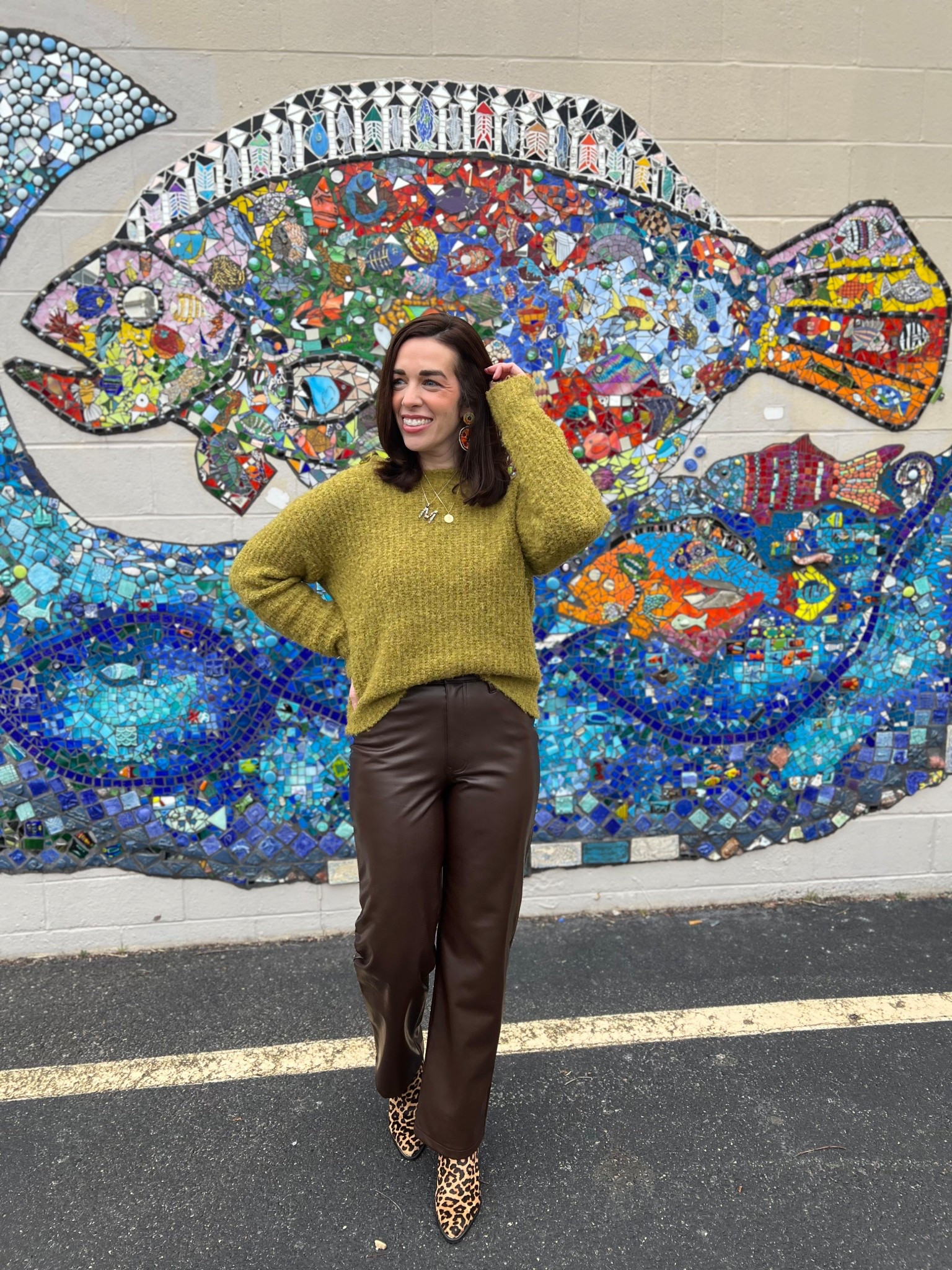 Green sweater (extra small). Dark brown leather straight leg pants (27). Leopard boots (8.5). #sweater #sweaters #greensweater #darkbrownpants #leatherpants #straightlegpants #boots #leopardboots #stpatricksday #stpatricksdayoutfit #LTKspringtrends #LTKspring spring outfits @abercrombie @VICI @DSW @Electric Picks Jewelry 
spring outfits 2026
st patricks day outfit women 

#LTKSeasonal