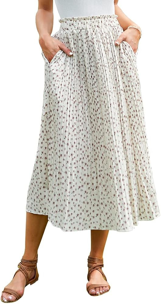 EXLURA Womens High Waist Polka Dot Pleated Skirt Midi Swing Skirt with Pockets | Amazon (US)