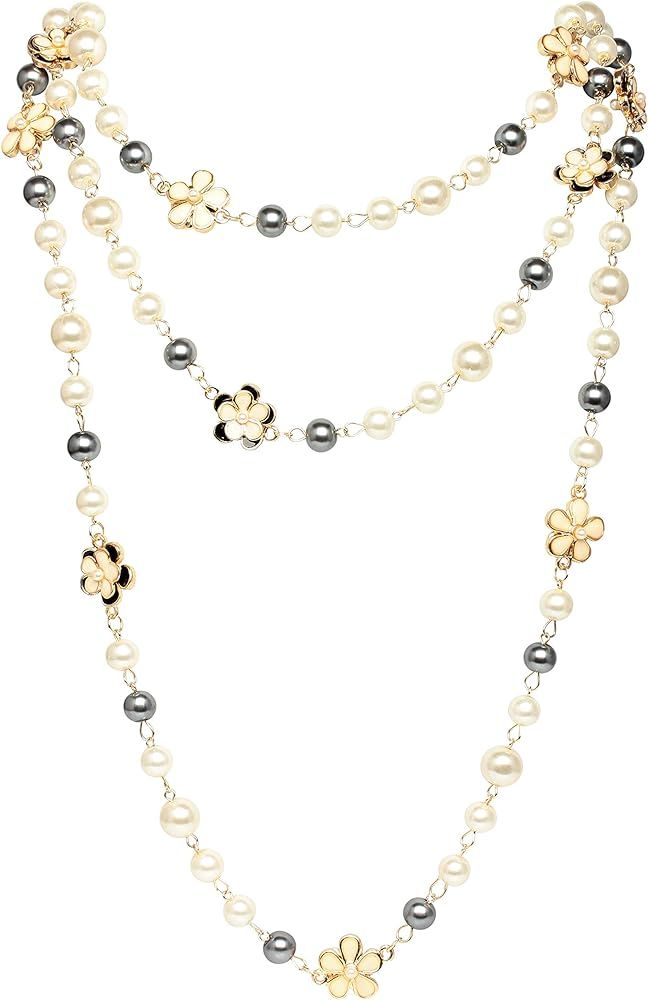 Amazon.com: Fashion jewelry designer bridal and chic long imitation pearl flower strand necklace ... | Amazon (US)