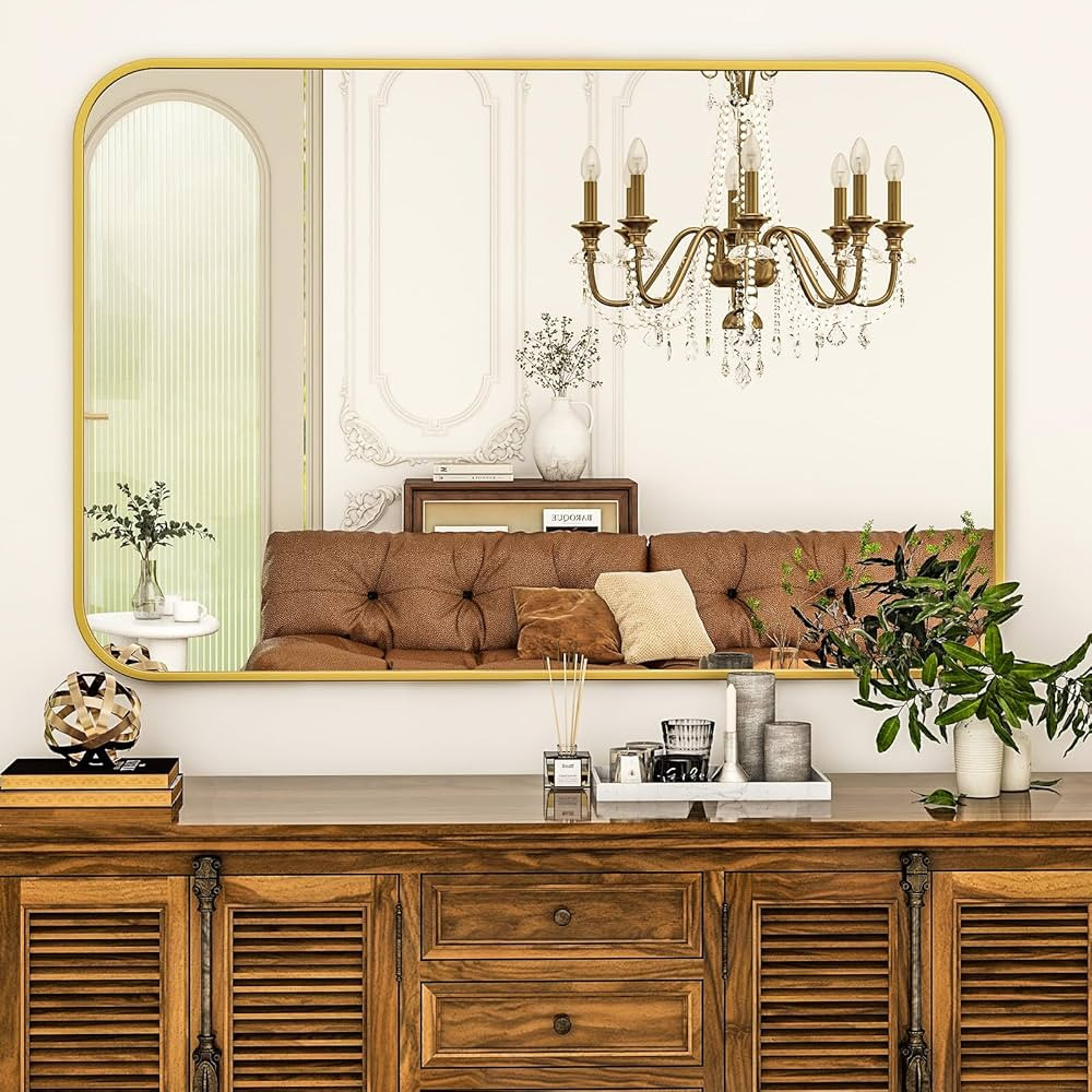 HARRITPURE Rectangular Bathroom Mirror 38''x26'' Gold Bathroom Wall Mirror Aluminum Frame Wall-Mo... | Amazon (US)