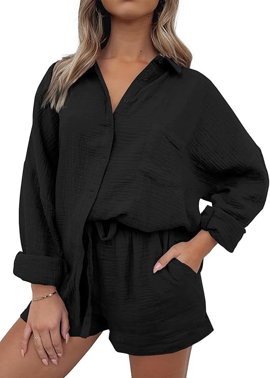 ANRABESS 2 Piece Outfits For Women Linen Sets Long Sleeve Button Down Oversized Shirts Lounge Mat... | Amazon (US)