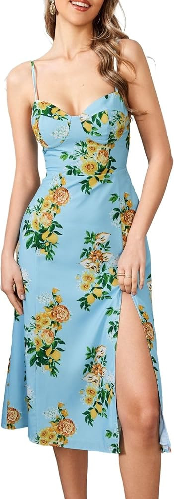 Parthea Women's Summer Casual Midi Dresses Split Elastic Waist Vacation Beach Floral Flowy Sun Dr... | Amazon (US)