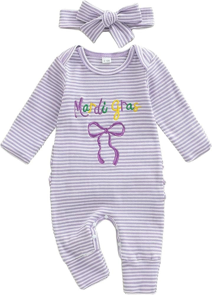 Newborn Girl Mardi Gras Outfit Letter Bow Long Sleeve Romper Jumpsuit One Piece Clothes Headband | Amazon (US)