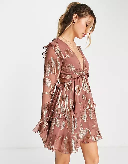 ASOS DESIGN tiered ruffle floral jaquard mini dress with ruffle detail skirt | ASOS | ASOS (Global)