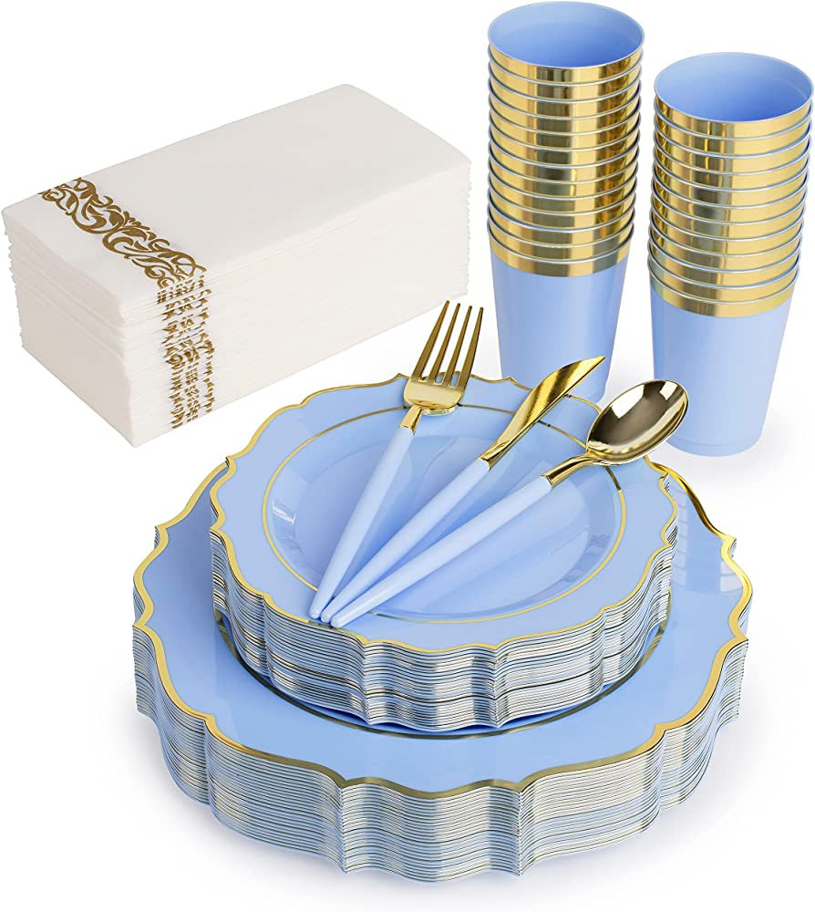 PREM-QUAL 175Pcs Blue Plastic Plates -25 Blue Dinner Plates, 25 Blue Dessert Plates, 25 Blue Cups... | Amazon (US)