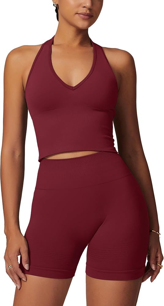 ABOCIW Workout Sets for Women 2 Piece Seamless Halter Cropped Tank Scrunch Butt Lifting High Wais... | Amazon (US)