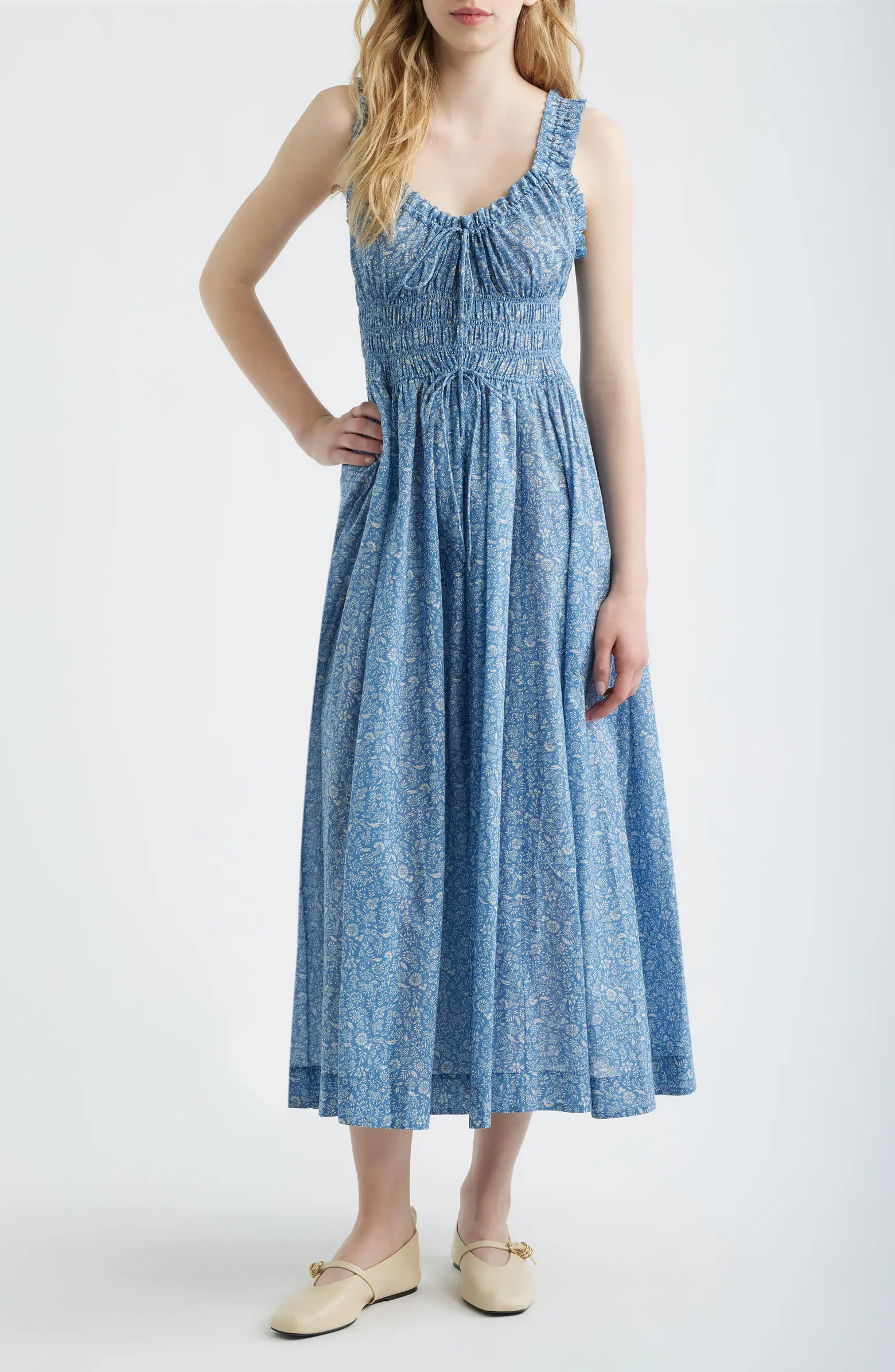 DÔEN Ditsy Floral Organic Cotton Smocked Midi Dress | Nordstrom | Nordstrom
