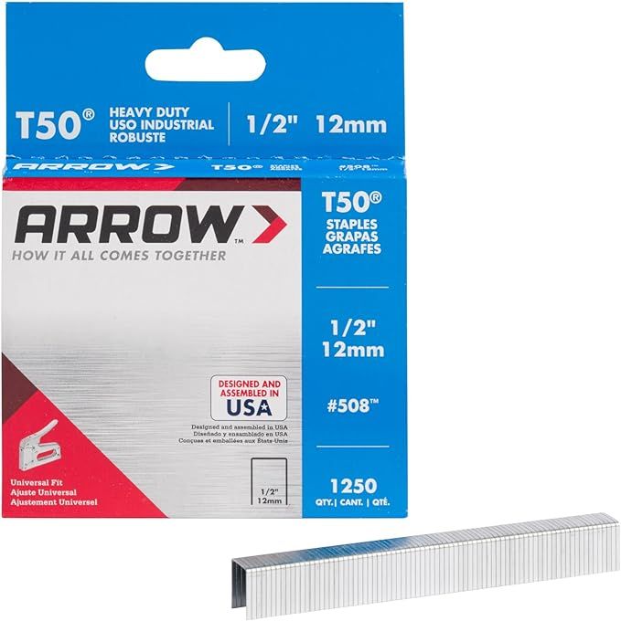 Arrow 508 Heavy Duty T50 1/2-Inch Leg Length, 3/8-Inch Crown, Staples for Upholstery, Constructio... | Amazon (US)