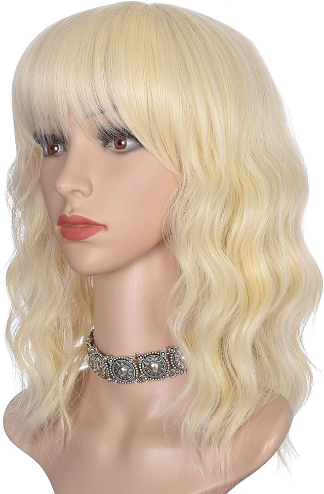 morvally Short Blonde Wavy Bob Wig with Bangs for Women 16 Inches Natural Synthetic Hair Wavy Wig... | Amazon (US)