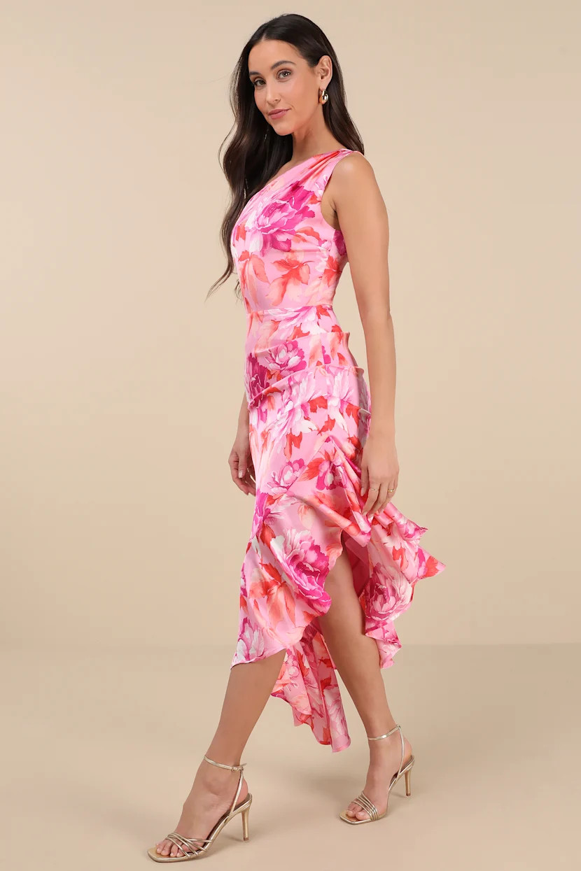 Divinely Blooming Pink Multi Floral One-Shoulder Midi Dress | Lulus