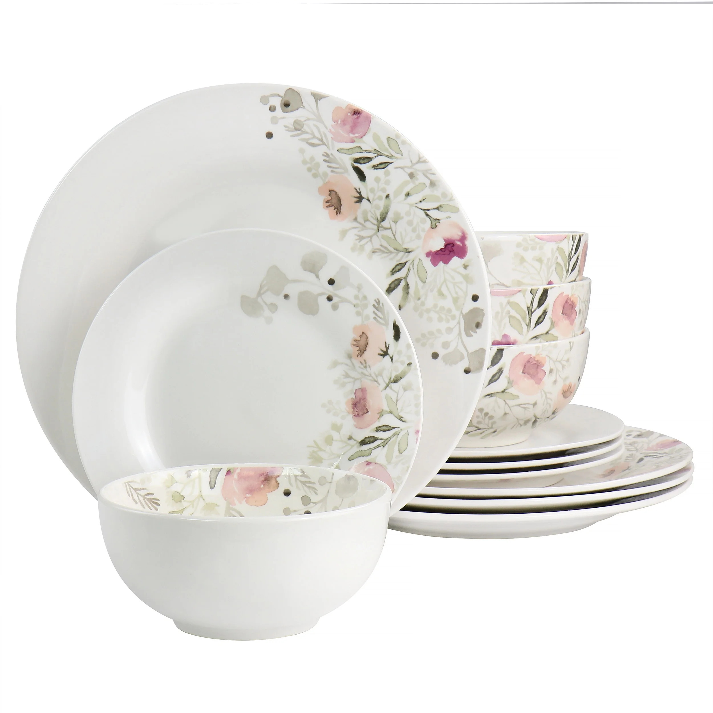 Gibson Home Lily Garden Ceramic 12 Piece Dinnerware Set in White and Pink | Walmart (US)