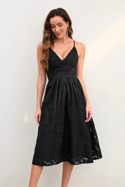 Leticia Black V-neck Smocking A-Shape Dress | Cupshe