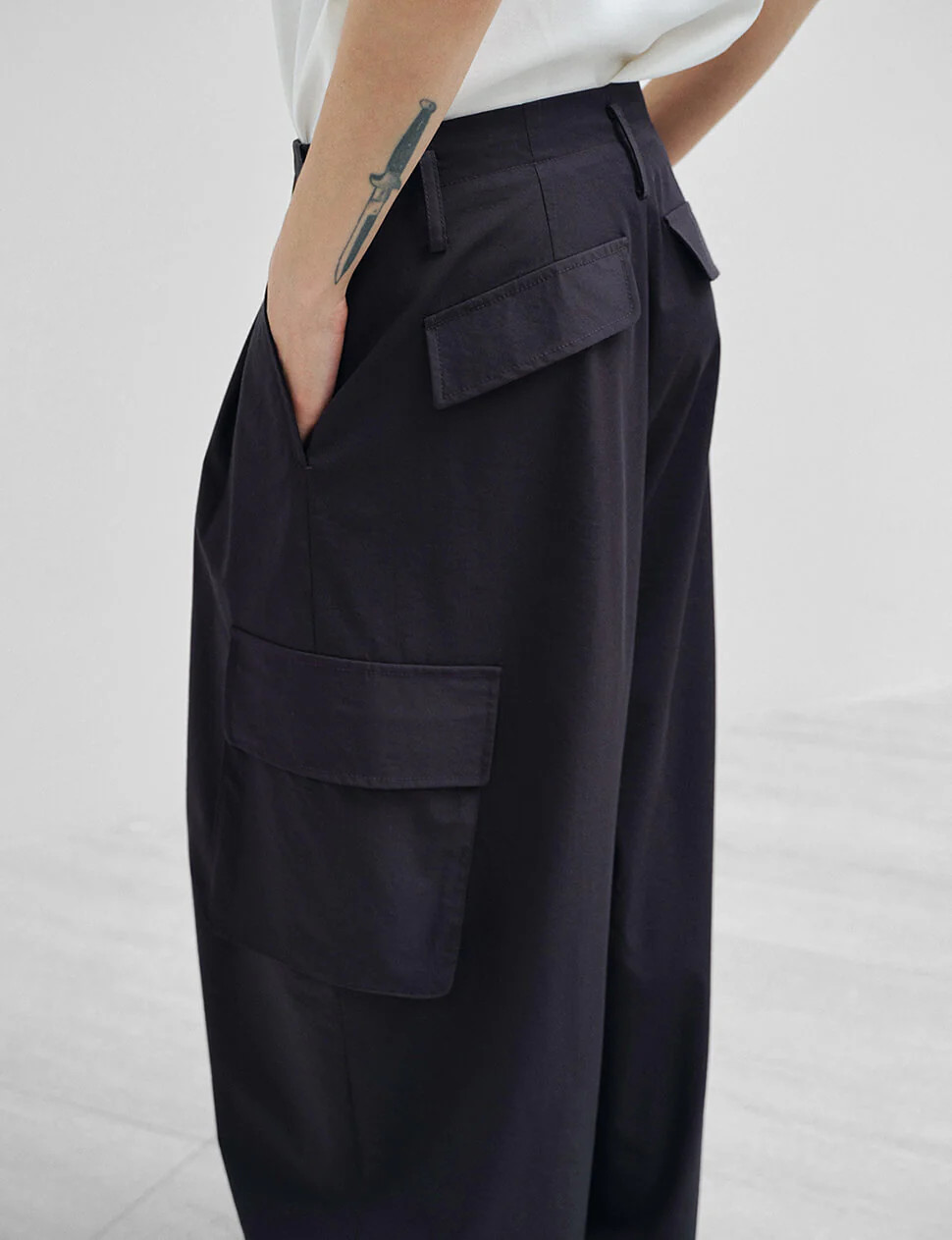 Dark-Navy Pleated Wide Leg Cargo Pants | Pixie Market
