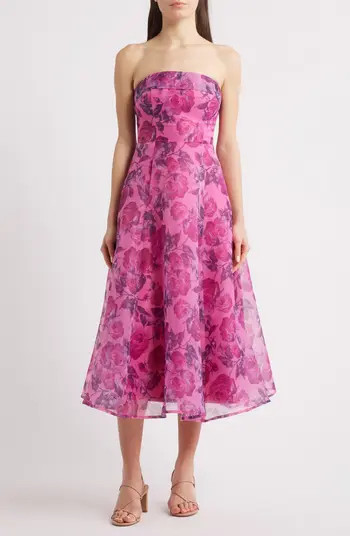 Elena Strapless Organza Midi Dress | Nordstrom