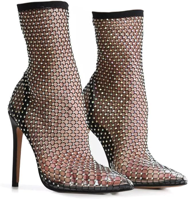 azmodo Women Bling Rhinestones Multi Colour Diamante Detail Stiletto Heel Ankle Sock Boot In Blac... | Amazon (US)