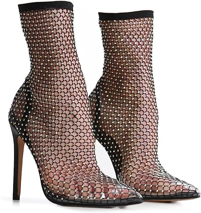 azmodo Women Bling Rhinestones Multi Colour Diamante Detail Stiletto Heel Ankle Sock Boot In Blac... | Amazon (US)