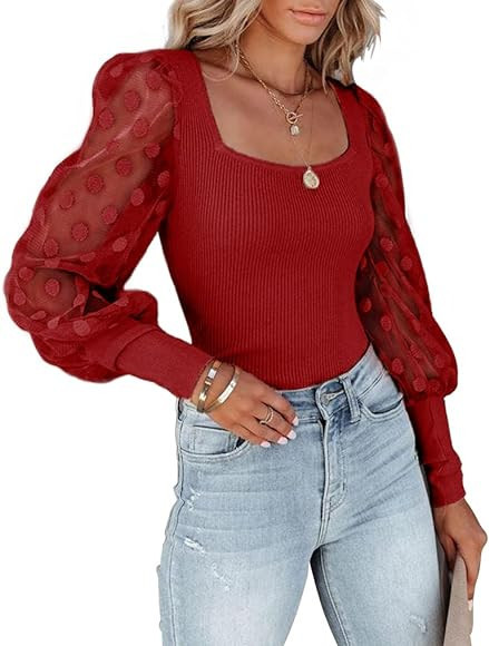 Qearal 𝟐𝟎𝟐𝟑 𝐍𝐞𝐰 Women's Puffy Sheer Mesh Long Sleeve Polka Dot Square Neck R... | Amazon (US)