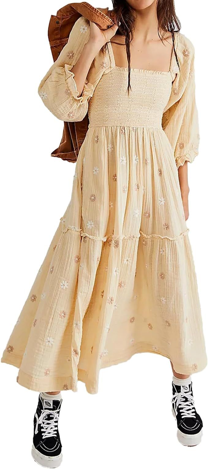 Women Floral Embroidered Maxi Dress Long Puff Sleeve Square Neck Bohemian Flowy Dress with Pocket... | Amazon (US)