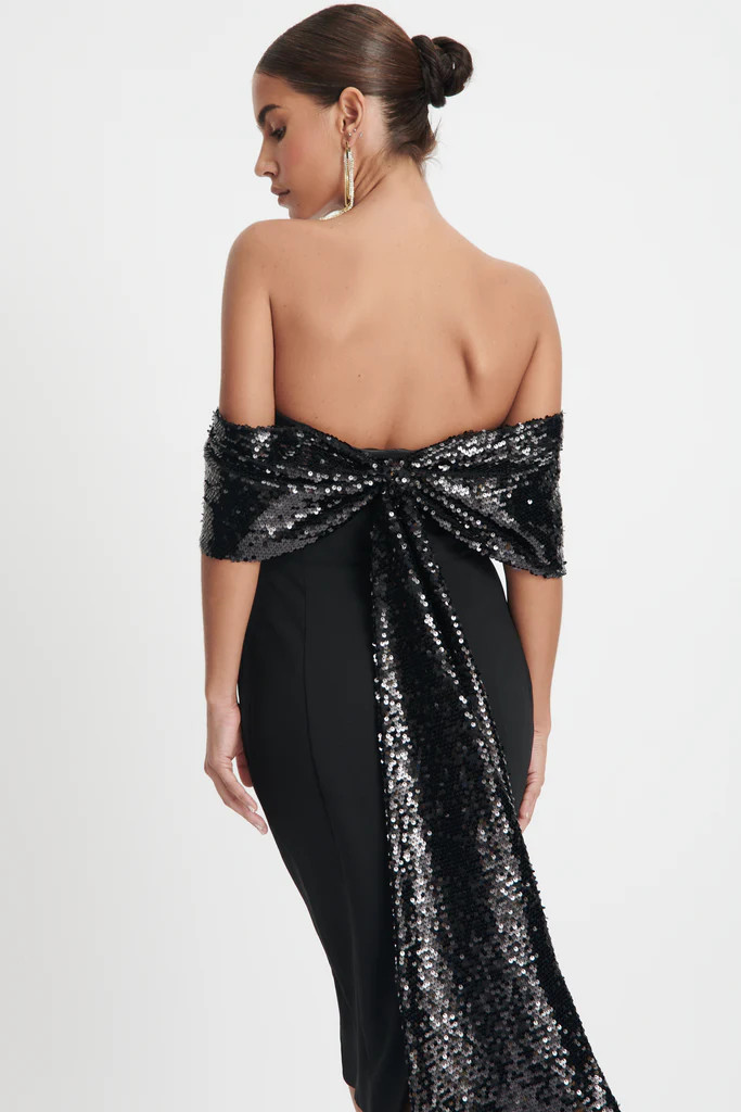 THALIA Statement Sequin Bow Midi Dress In Black | Lavish Alice