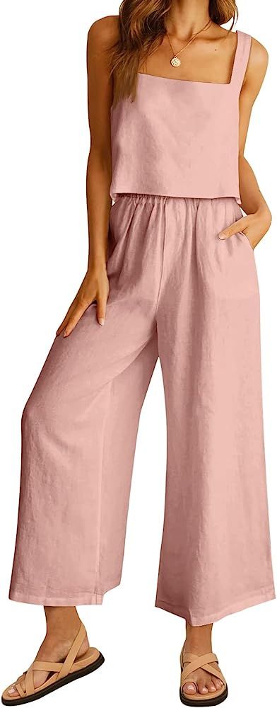 AUTOMET Women 2 Piece Outfits Lounge Matching Sets Linen Crop Top Wide Leg Pants Tracksuits with Poc | Amazon (US)