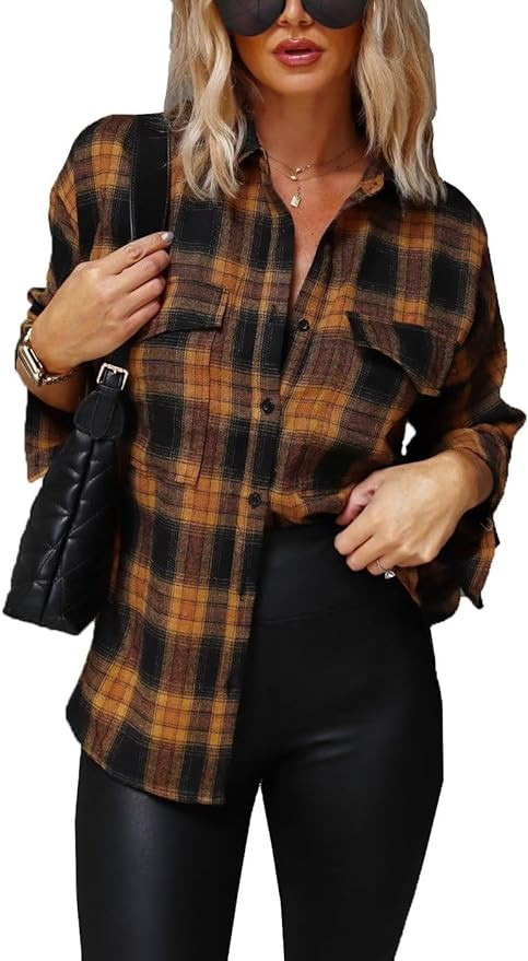 Lacozy Womens Buffalo Plaid Flannel Shirt Long Sleeve Collar Button Down Blouses Tops | Amazon (US)