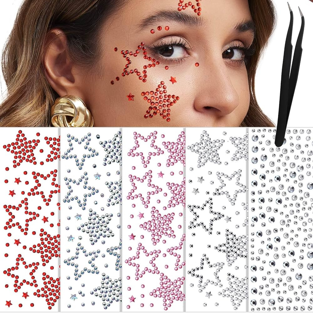 YGDZ Face Gems Face Jewels, Self Adhesive Hair Gems Festival Star Rhinestone Stickers for Face, E... | Amazon (US)