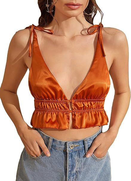 SheIn Women's Sexy Satin Backless Plunging Crop Cami Top Tie Shoulder Ruffle Vest | Amazon (US)