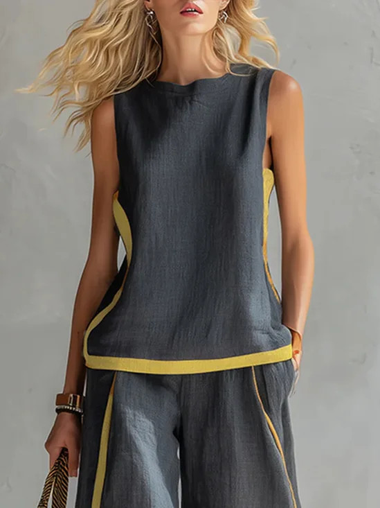Cotton And Linen Casual Color Block Crew Neck Tank Top | Stylewe