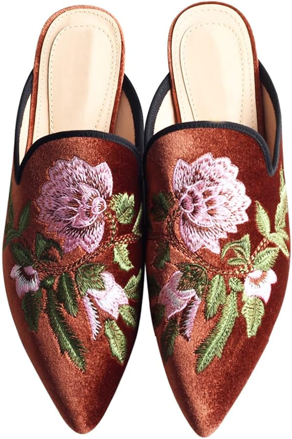 Fericzot Women's Velvet Backless Pointed Toe Slip On Loafers Flats Embroidery Mule Slippers Shoes | Amazon (US)