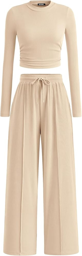 BTFBM Casual 2 Piece Sets For Women Fall Outfits Ribbed Knit Long Sleeve Crop Top Wide Leg Pants ... | Amazon (US)