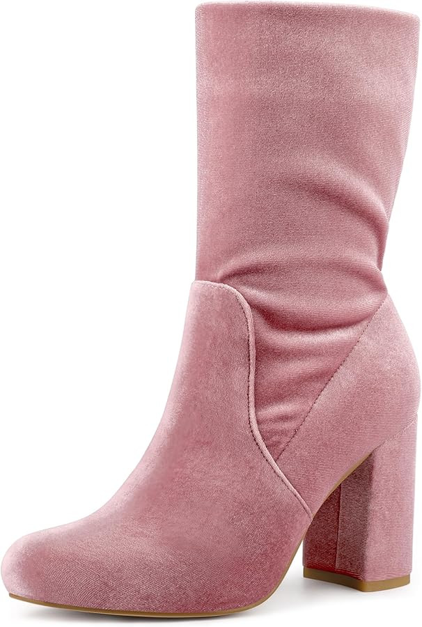 Allegra K Women's Velvet Round Toe Block Heels Foldable Mid Calf Boots | Amazon (US)