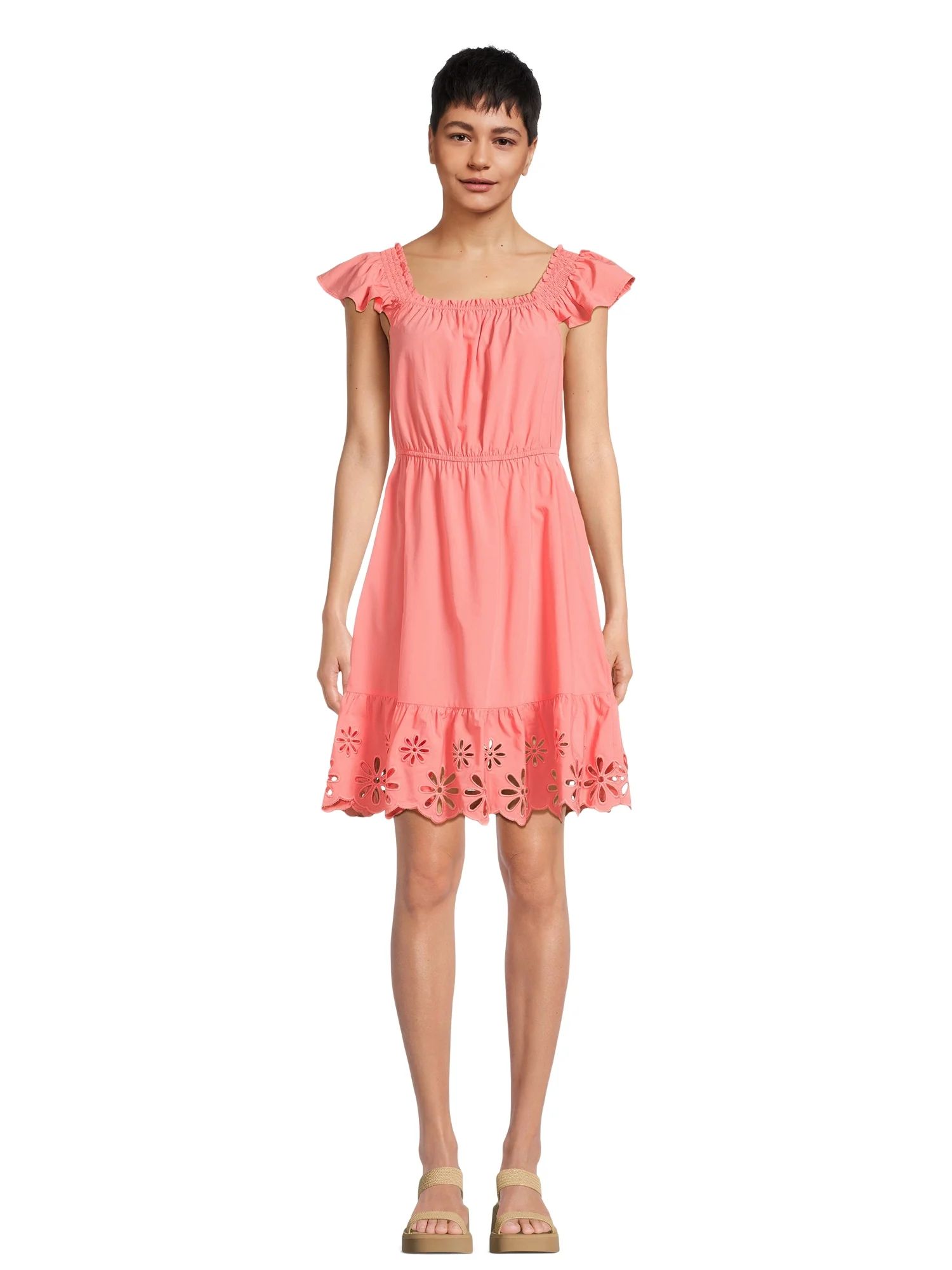 Time and Tru Women's Square Neck Eyelet Trim Mini Dress, Sizes XS-XXXL | Walmart (US)