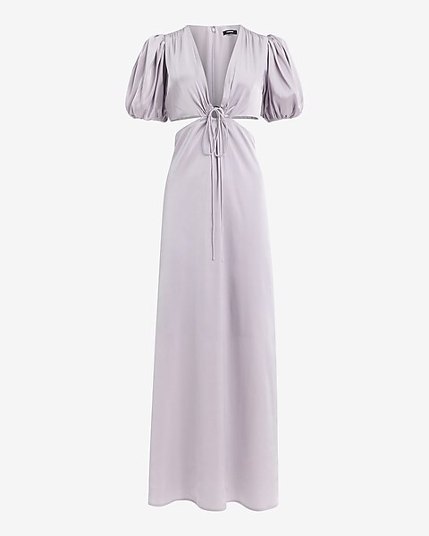 Satin V-Neck Puff Sleeve Tie Front Cutout Maxi Dress | Express