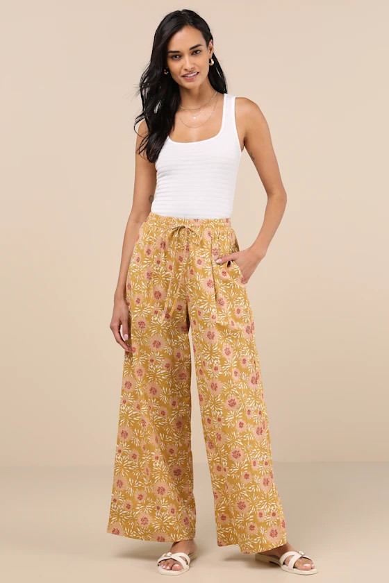 Dido Mustard Yellow Multi Floral Wide-Leg Pants | Lulus