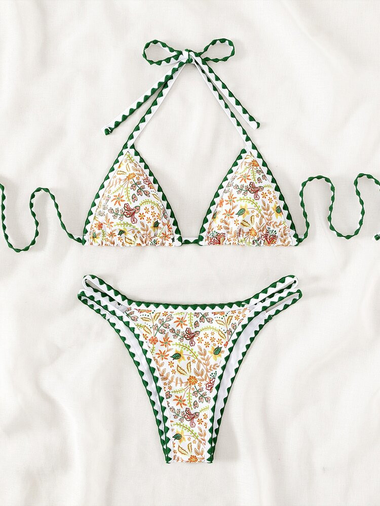 Plants Print Halter Triangle Bikini Swimsuit | SHEIN