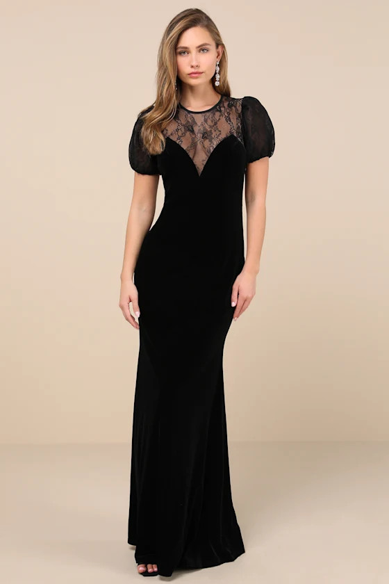 Alluring Event Black Velvet Lace Puff Sleeve Maxi Dress | Lulus