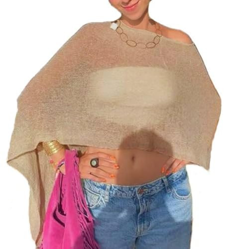 Women Sheer Poncho Top Lightweight Beach Cover Up Summer Knit Shawl Light Brown | Amazon (US)