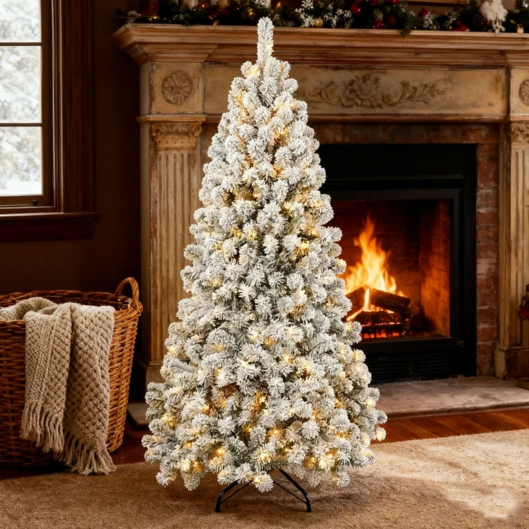 Bringstar 8FT Pre-Lit Flocked Christmas Tree, Hinged Artificial Xmas Trees/Premium PVC Branches, ... | Walmart (US)