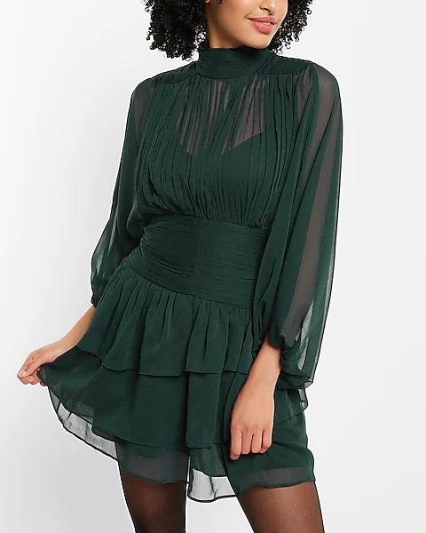 Mock Neck Long Sleeve Pleated Waist Tiered Ruffle Mini Dress | Express