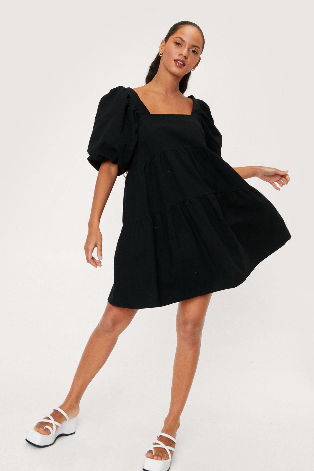 Linen Look Puff Sleeve Smock Mini Dress | Nasty Gal (US)