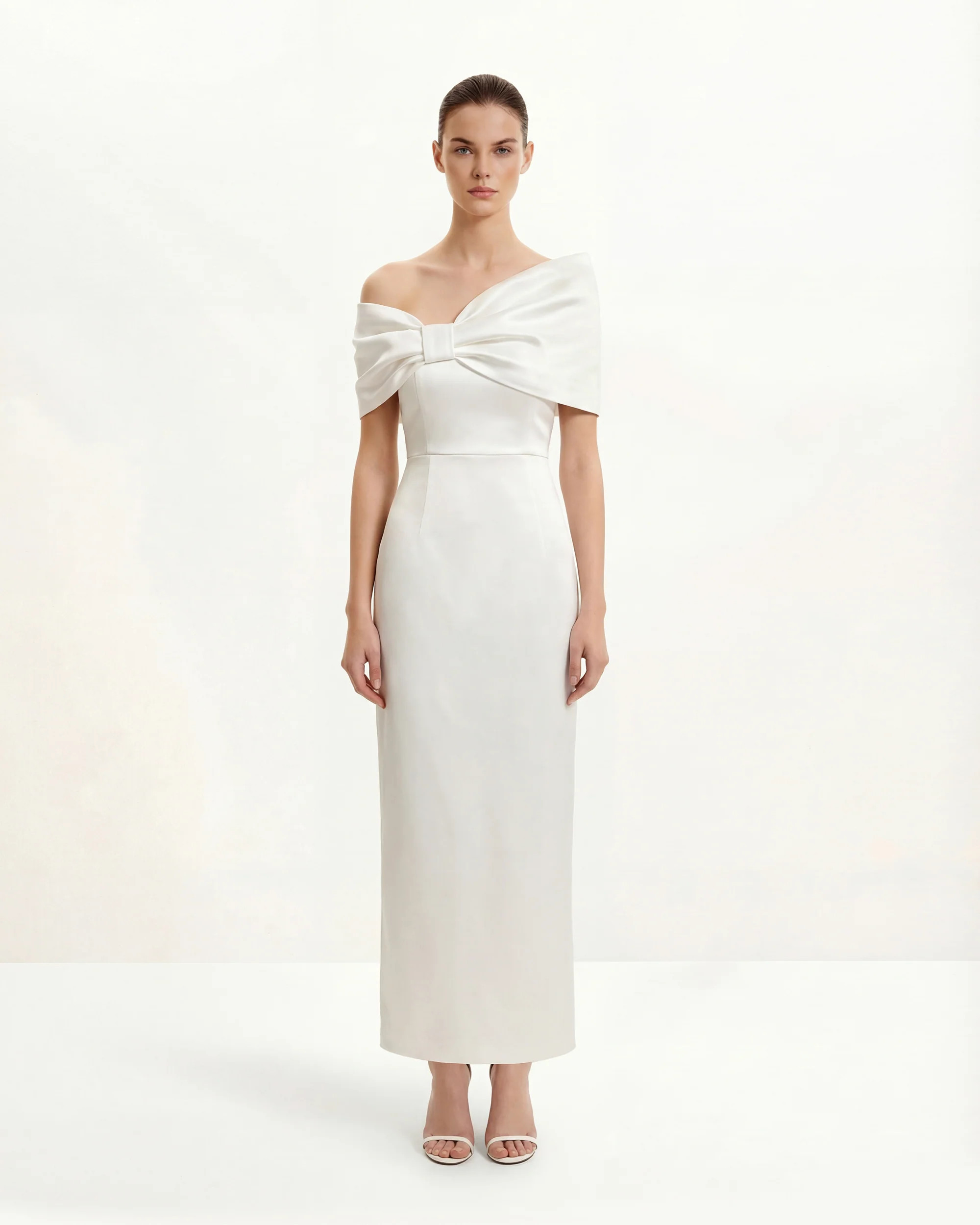 Satin Asymmetric Bow Maxi Dress - White | JW PEI US