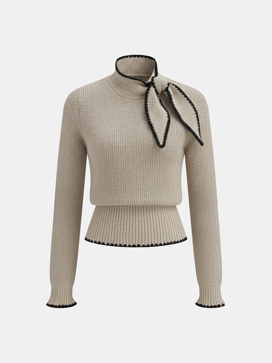 Mock Neck Tie Neck Contrast Stitch Sweater | Commense