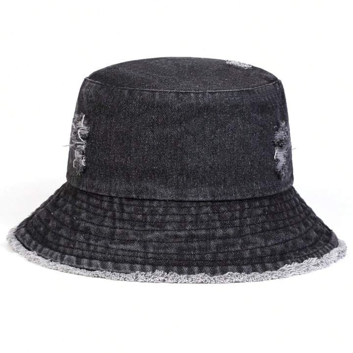 1Piece Men Vintage Holes Denim Bucket Hat Outdoor Sunscreen Leisure Hat Spring Autumn Travel Tourism Beach Vacation | SHEIN