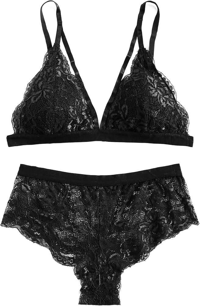 SweatyRocks Women's 2 Piece Floral Lace Strap Bralette Bra and Panty Sey Lingerie Set | Amazon (US)